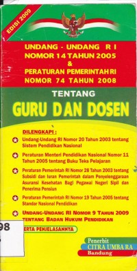 Image of Undang-Undang RI No. 14 Th. 2005 dan Permen RI No. 74 Th. 2008 Tentang Guru dan Dosen